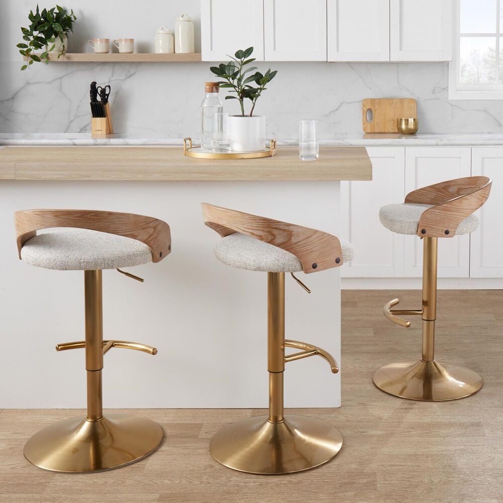 LumiSource Grotto Adjustable Swivel Barstool with Oat Fabric Upholstery in Gold and Whitewashed (Set of 2), , large