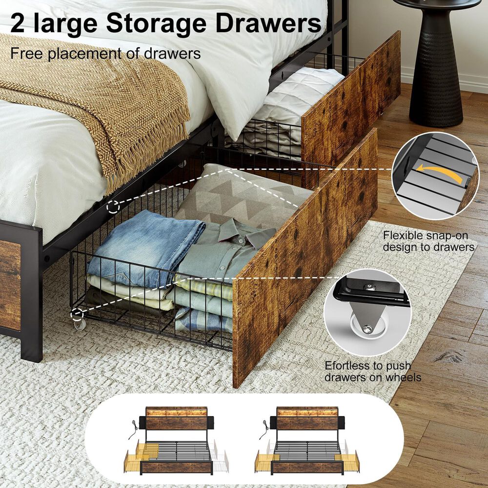 HOMLUX 4-Drawer Queen Storage Bed with LED Bookcase Headboard and Charging Station in Rustic Brown, , large