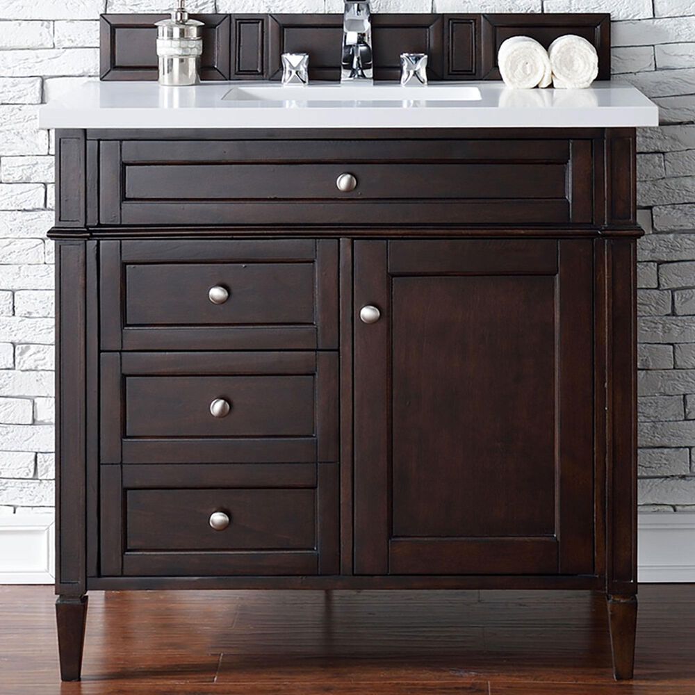 James Martin Vanities Brittany 36" Single Bathroom Vanity in Burnished Mahogany with 3 cm White Zeus Quartz Top and Rectangular Sink, , large