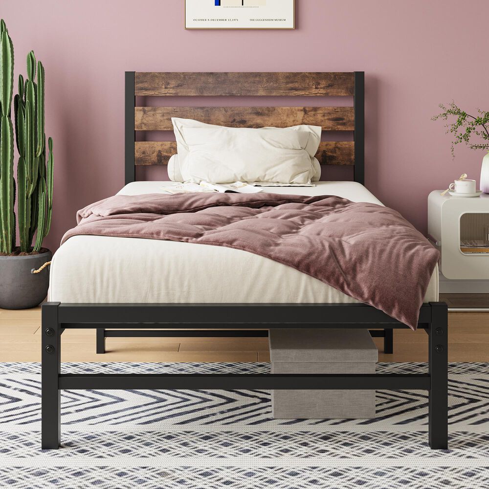 Hearth and Haven Twin Platform Bed with Slat Wood Headboard in Black and Rustic Brown, , large