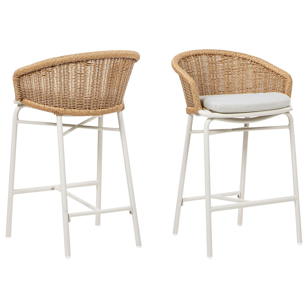 Hearth and Haven Santorini Outdoor Barstool with Wicker Backrest and Cushions in Beige (Set of 2), , large