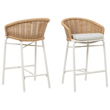 Hearth and Haven Santorini Outdoor Barstool with Wicker Backrest and Cushions in Beige (Set of 2), , large