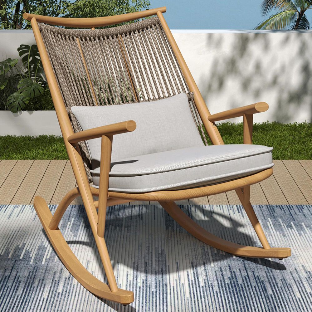 Hearth and Haven Outdoor Rocking Chair with Woven Backrest and Cushions in Light Gray, , large