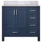 Lexora Home Jacques 36" Left Offset Single Bathroom Vanity in Navy Blue with 2 cm White Carrara Marble Top and Rectangular Sink, , large