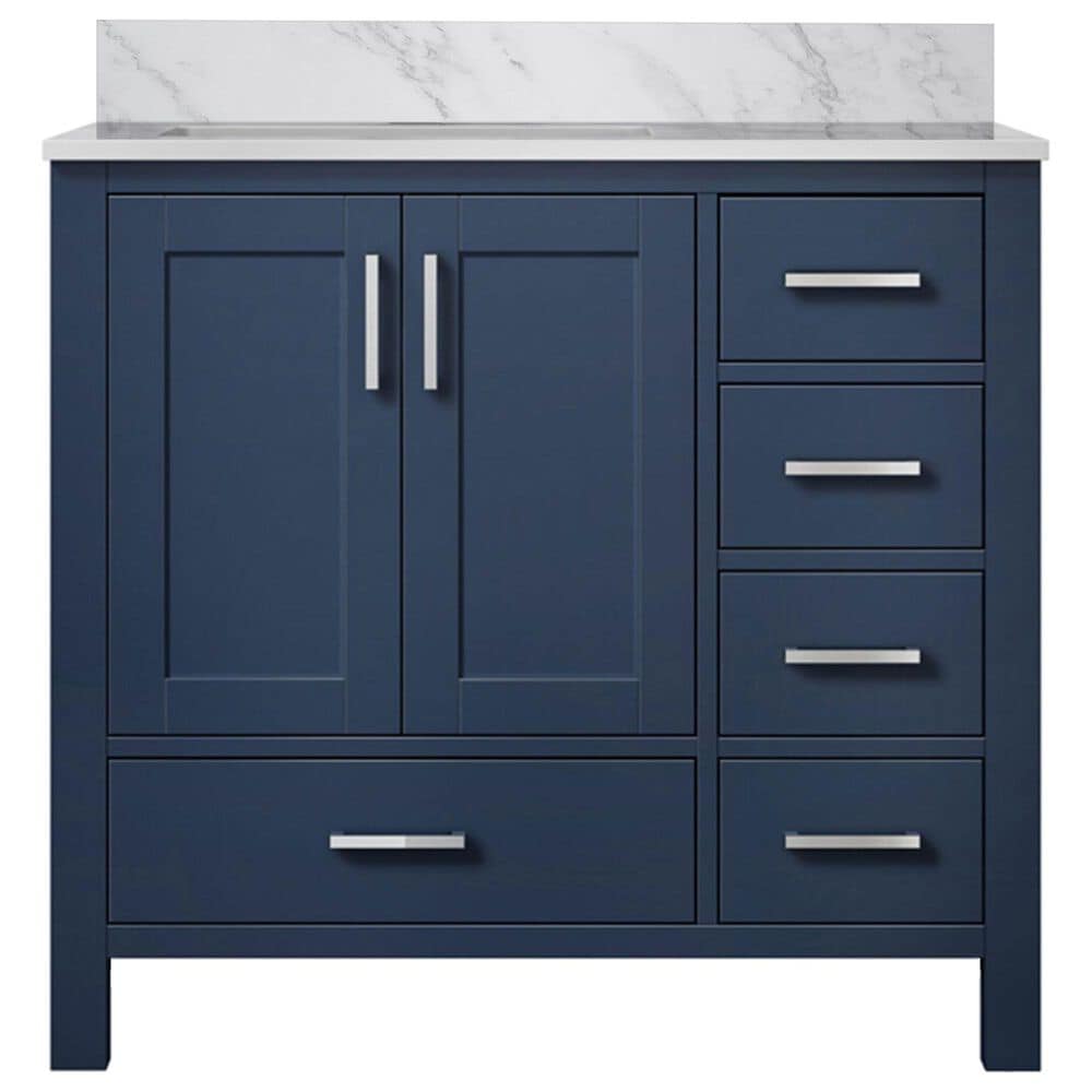Lexora Home Jacques 36" Left Offset Single Bathroom Vanity in Navy Blue with 2 cm White Carrara Marble Top and Rectangular Sink, , large