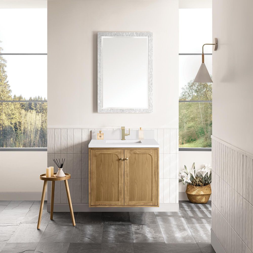 James Martin Vanities Laurent 30" Single Bathroom Vanity in Light Natural Oak with Single Hole 3 cm White Zeus Quartz Top and Rectangular Sink, , large