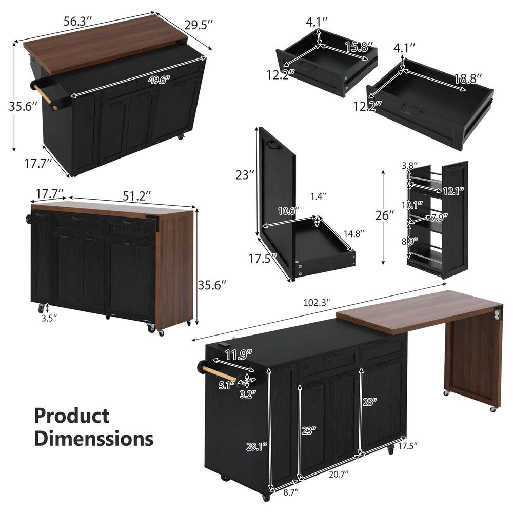 HOMLUX 102" Kitchen Island with Extendable Dining Table in Black, , large