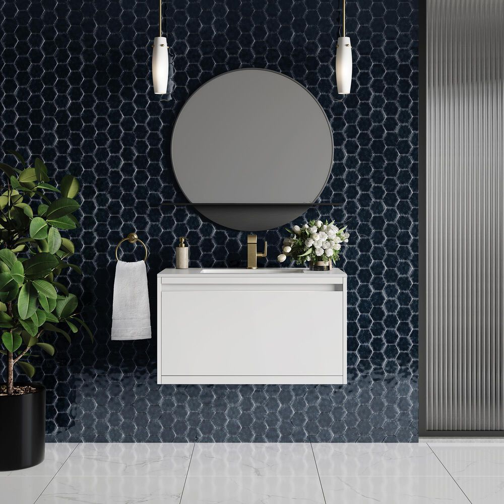 James Martin Mantova 35.4&quot; Single Bathroom Vanity in Glossy White and Champagne Brass with 2 cm Glossy White Solid Surface Top and Rectangular Sink, , large