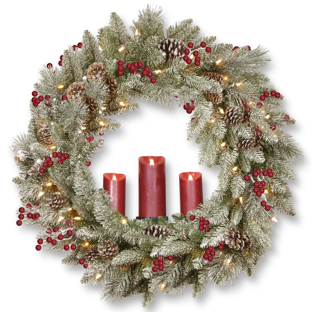 National Tree 36" Battery Operated Snowy Bristle Berry Wreath with Three Candle, , large