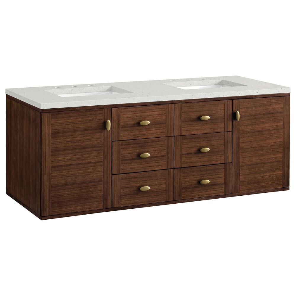 James Martin Vanities Amberly 60&quot; Double Bathroom Vanity in Mid-Century Walnut with 3 cm Lime Delight Quartz Top and Rectangular Sinks, , large