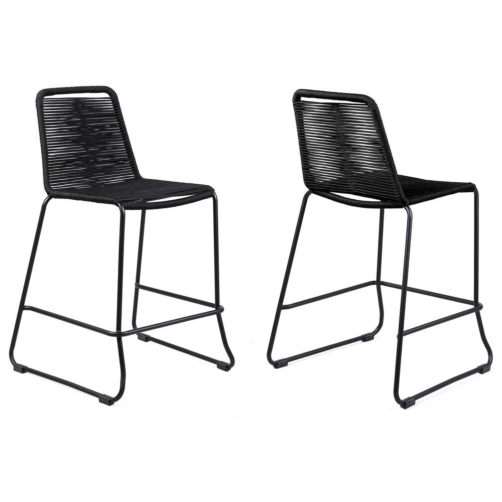 Armen Living Shasta Patio Bar Stool with Rope Seat in Black (Set of 2), , large