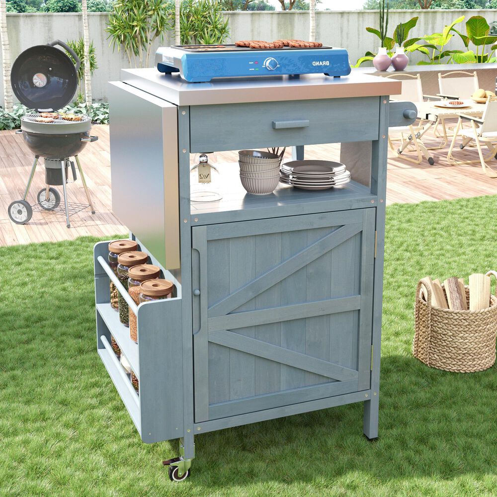 HOMLUX 40.5" Outdoor Kitchen Island with One Drawer in Blue Grey and Stainless Steel, , large