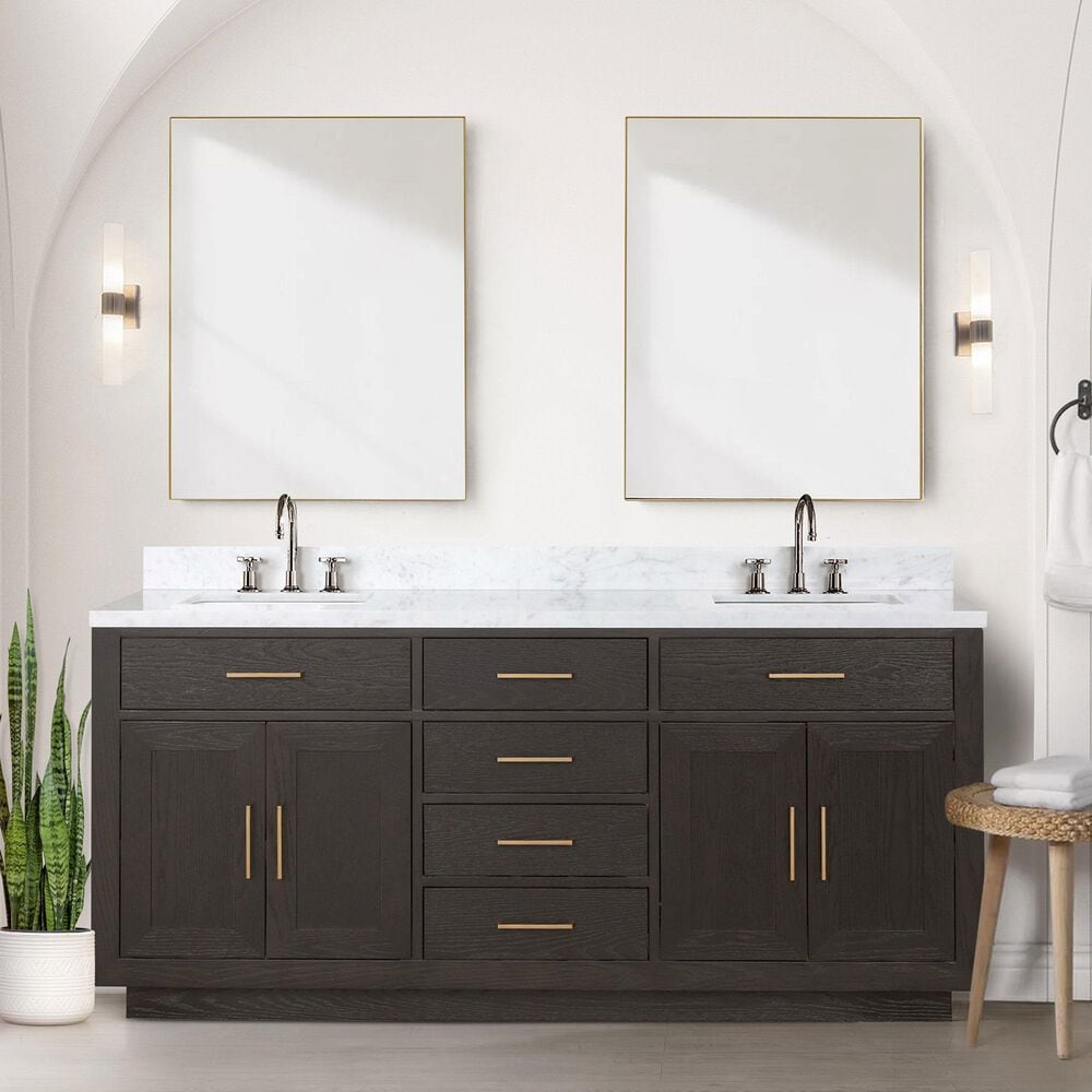 Lexora Home Abbey 72&quot; Double Bathroom Vanity in Brown Oak with 2 cm White Carrara Marble Top and Rectangular Sinks, , large