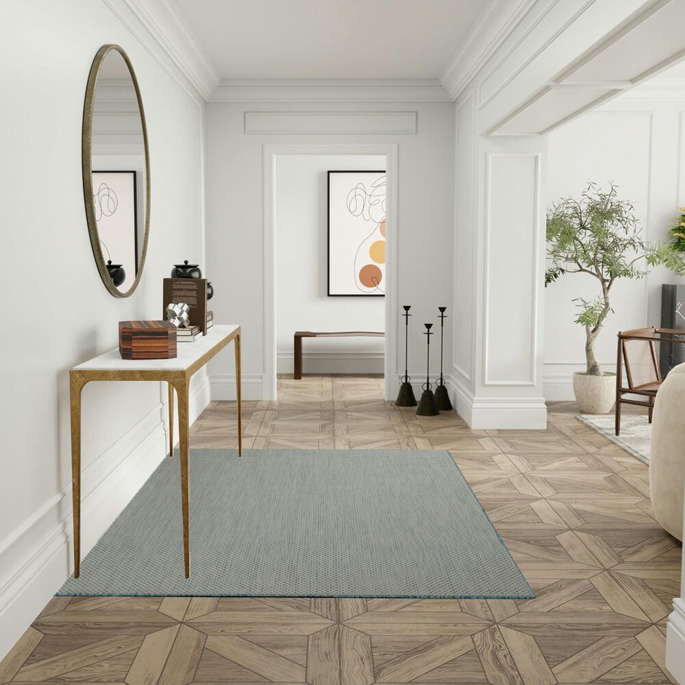 Nourison Courtyard Ivory and Aqua 5&#39; x 7&#39; Indoor/Outdoor Area Rug, , large
