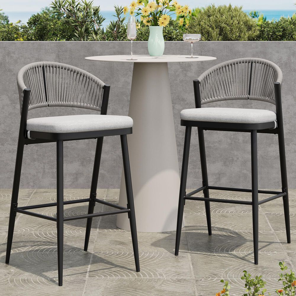 Hearth and Haven 30" Outdoor Barstool with Teak Frame in Light Gray (Set of 2), , large