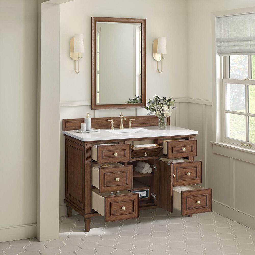James Martin Vanities Lorelai 48&quot; Single Vanity in Mid-Century Walnut with Single Hole and 3 CM White Zeus Quartz Top &amp; Backsplash, , large