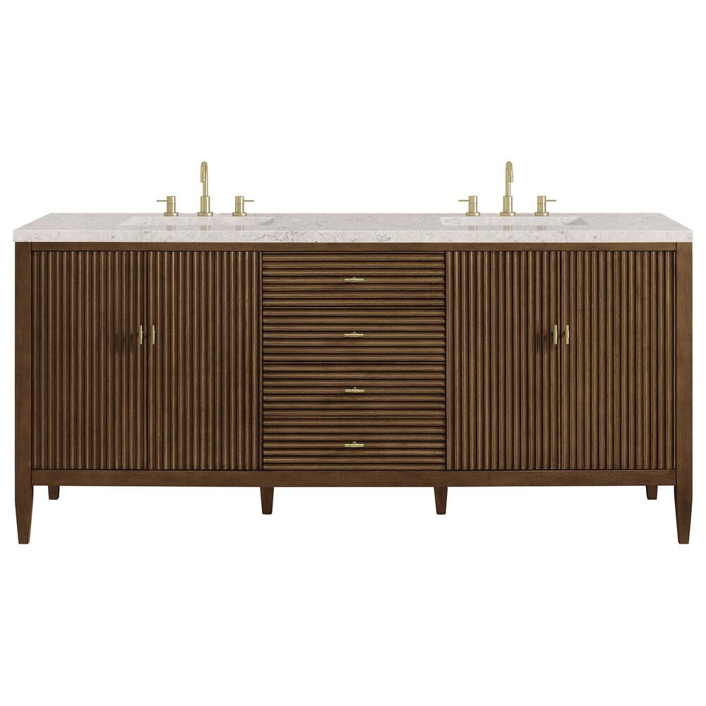James Martin Vanities Myrrin 72" Double Vanity in Mid-Century Walnut with 3 cm Eternal Jasmine Pearl Quartz Top, , large
