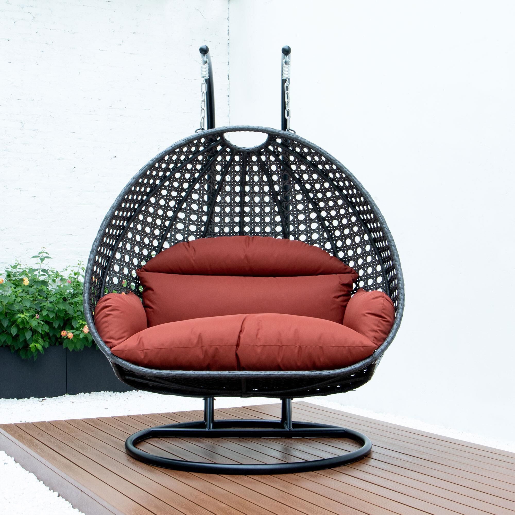 Leisuremod Patio 2 Seat Hanging Egg Swing Chair with Dark Orange Cushion in Charcoal NFM