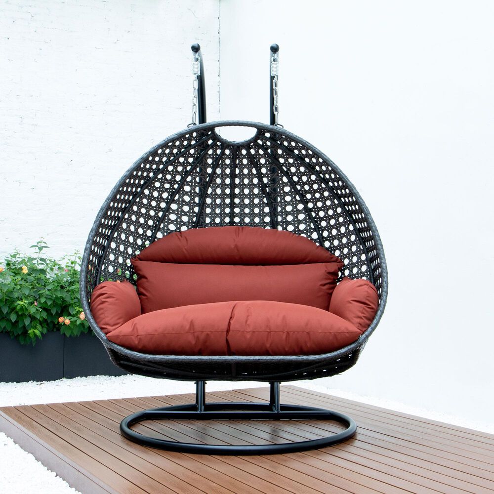 Leisuremod Patio 2-Seat Hanging Egg Swing Chair with Dark Orange Cushion in Charcoal, , large