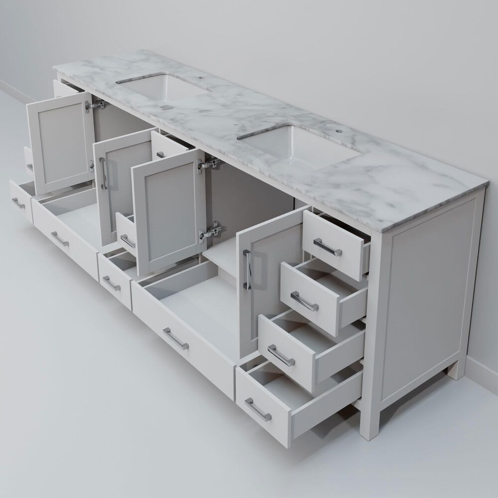 Lexora Home Jacques 84&quot; Double Bathroom Vanity in White with 2 cm White Carrara Marble Top and Rectangular Sinks, , large