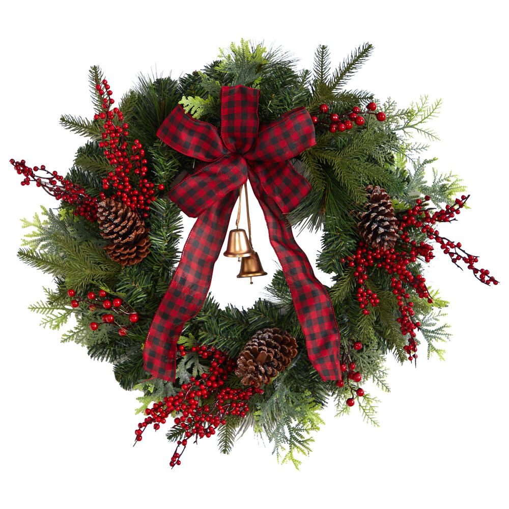 Nearly Natural Inc 24in. Decorated Christmas Artificial Wreath with Bow and 130 Bendable Branches, , large