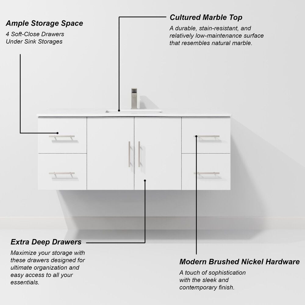 Lexora Home Geneva 48" Single Bathroom Vanity in Glossy White with 2 cm White Cultured Marble Top and Rectangular Sink, , large