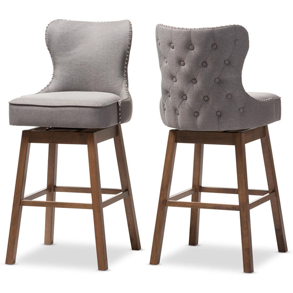 Baxton Studio Gradisca Swivel Bar Stool with Grey Cushion in Dark Walnut (Set of 2), , large