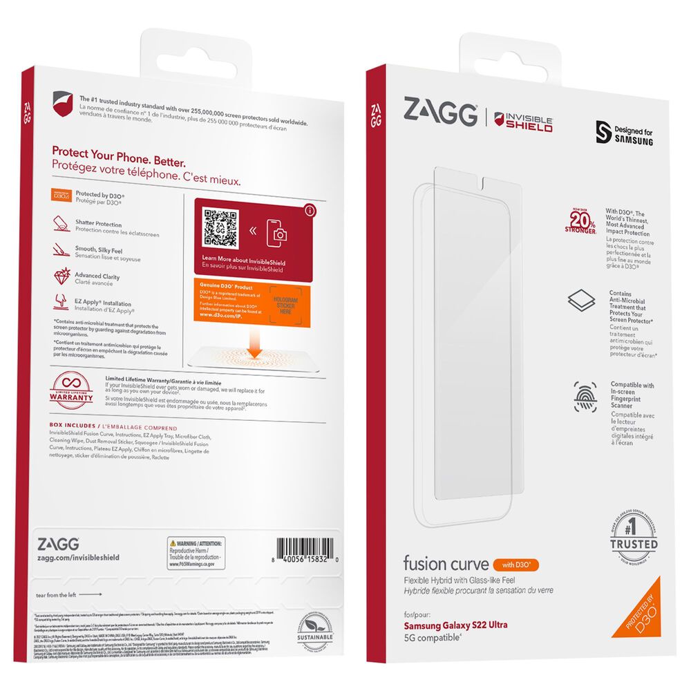 Zagg InvisibleShield GlassFusion Plus D3O Curved Screen Protector for Samsung Galaxy S22 Ultra in Clear, , large