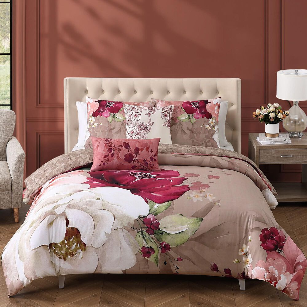 Bebejan Florence 5-Piece Queen Comforter Set in Wine, Blush, Ivory and Sand Dune, , large