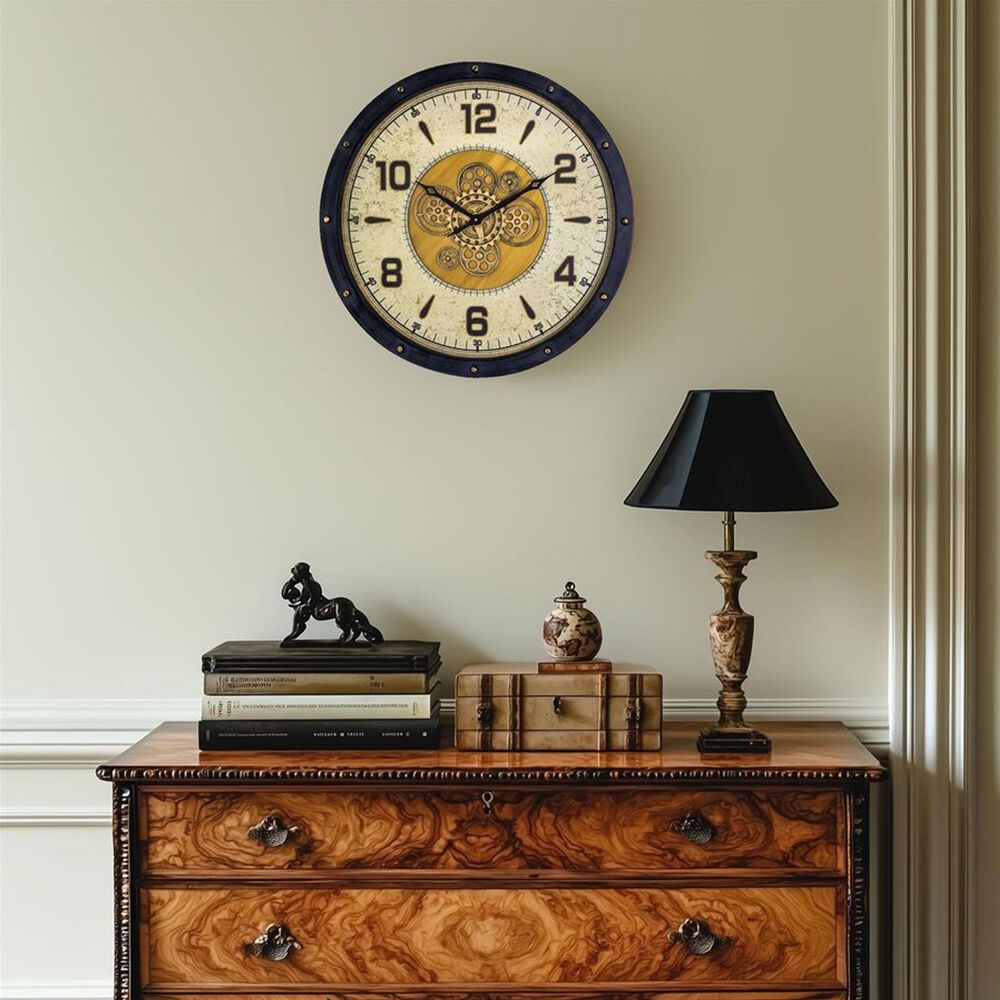 Yosemite Home Decor Venetian Round Gear Wall Clock in Black and Gold, , large