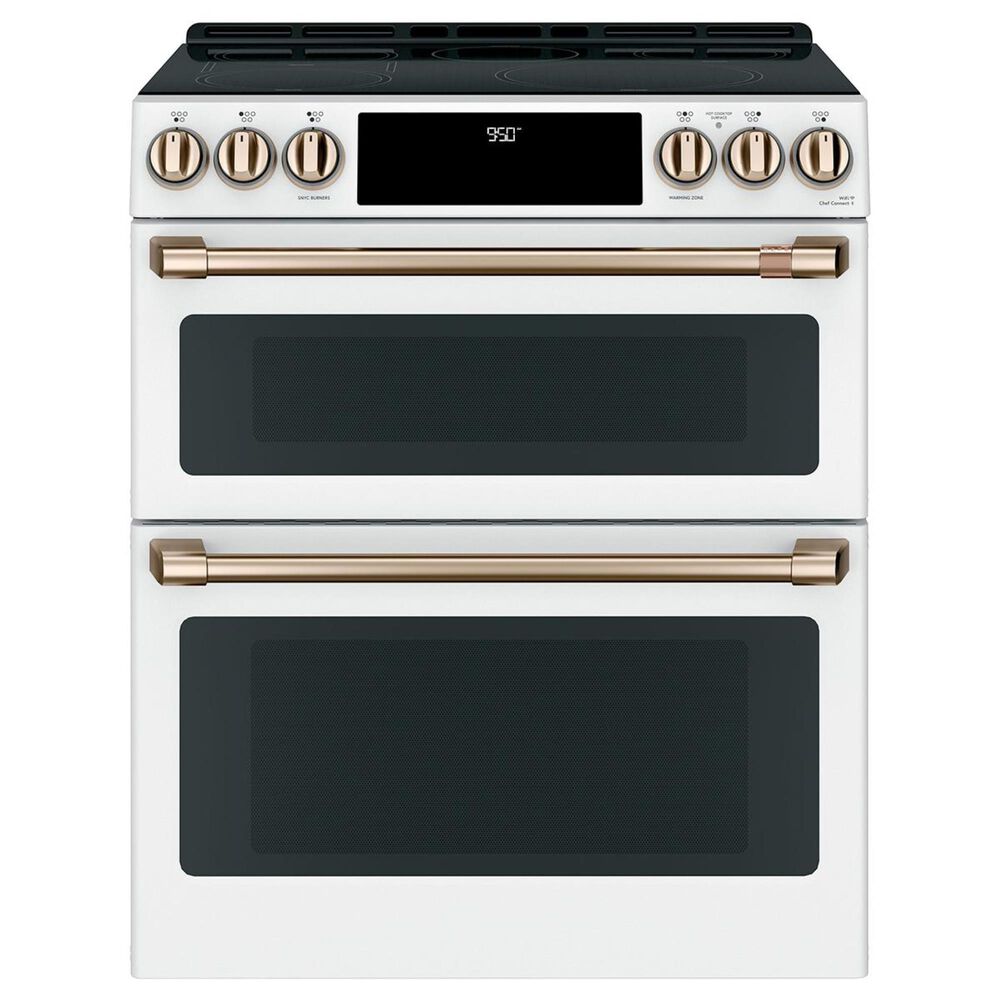Cafe 30" Slide-In Front Control Induction and Convection Double Oven Range in Matte White  With Brushed Bronze Handles and Control Knobs, , large