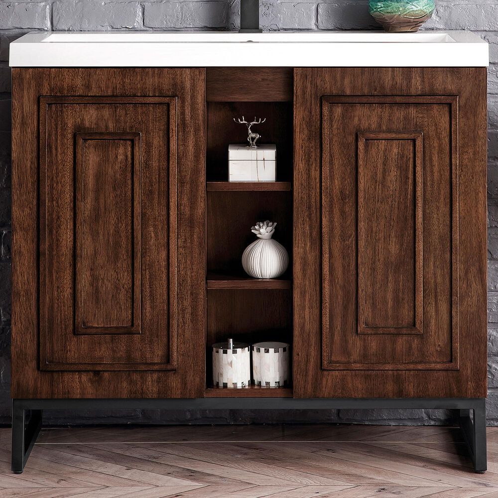 James Martin Vanities Alicante 39.5&quot; Single Bathroom Vanity in Mid Century Acacia and Matte Black with 5 cm White Glossy Resin Top and Rectangular Sink, , large