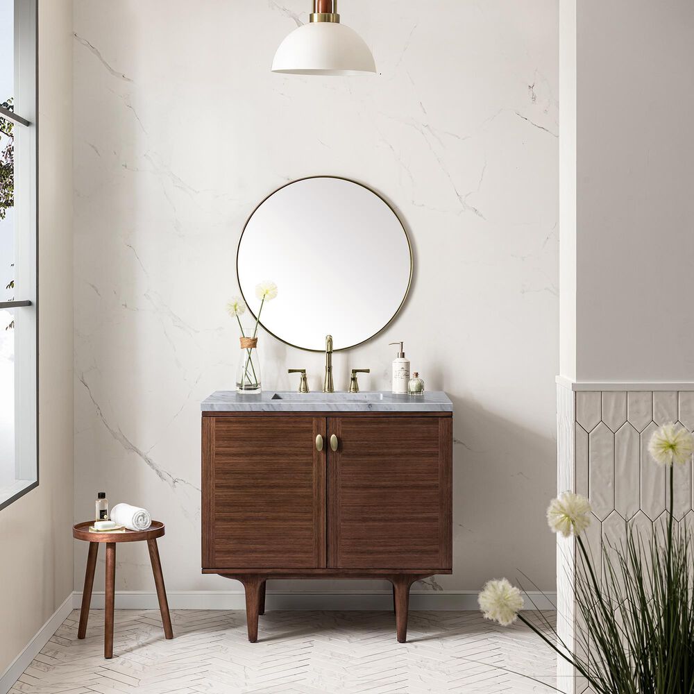 James Martin Vanities Amberly 36&quot; Single Bathroom Vanity in Walnut with 3 cm Carrara White Marble Top and Rectangular Sink, , large