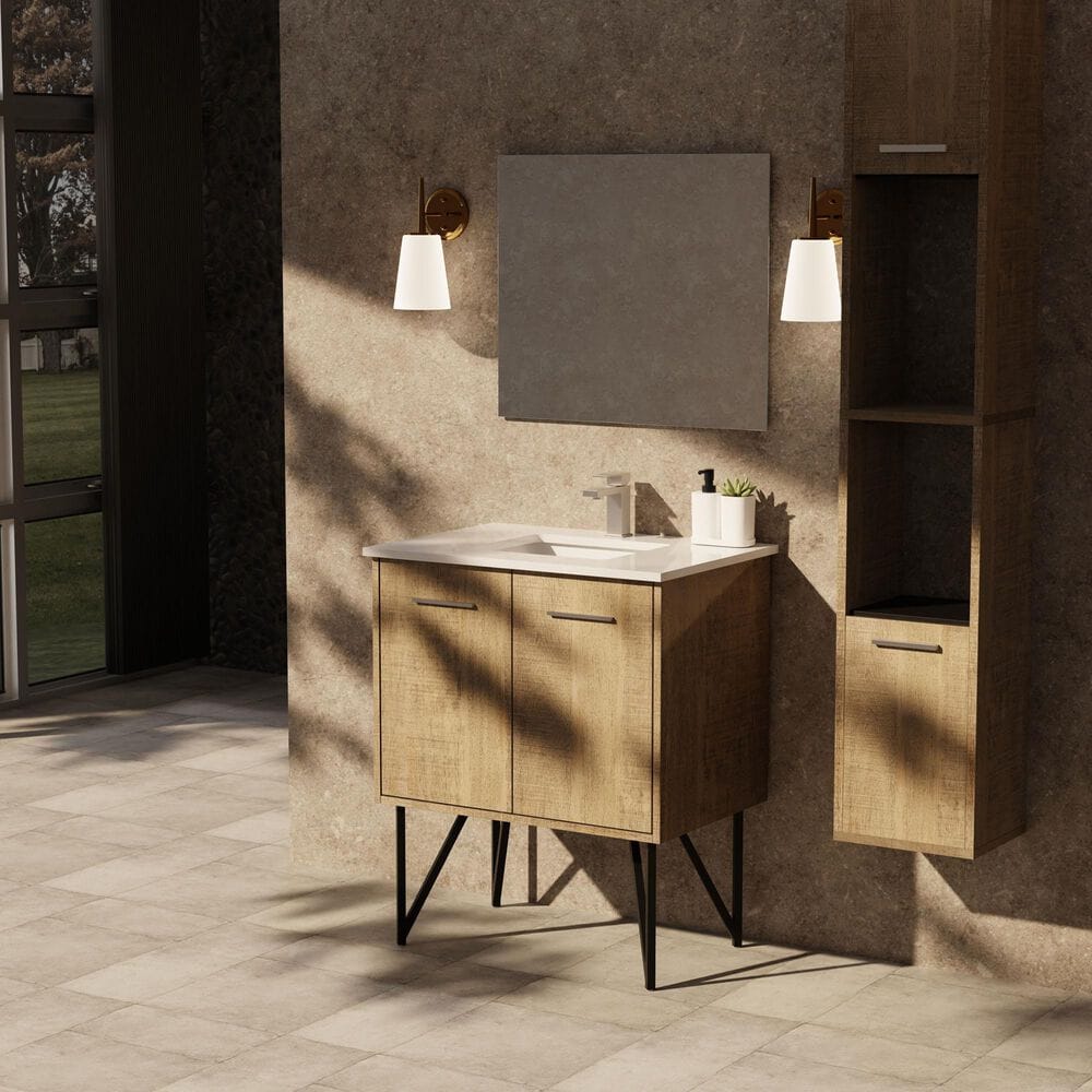 Lexora Home Lancy 30&quot; Single Bathroom Vanity in Rustic Acacia with 2 cm White Quartz Top and Rectangular Sink, , large