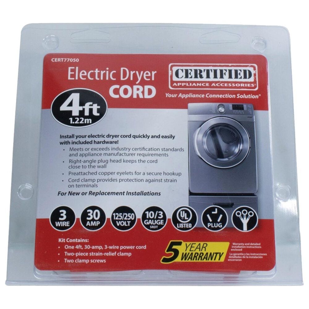 Certified Appliance Accessories 3-Prong Dryer Cord &#40;30-Amp&#41; - 4 Ft., , large
