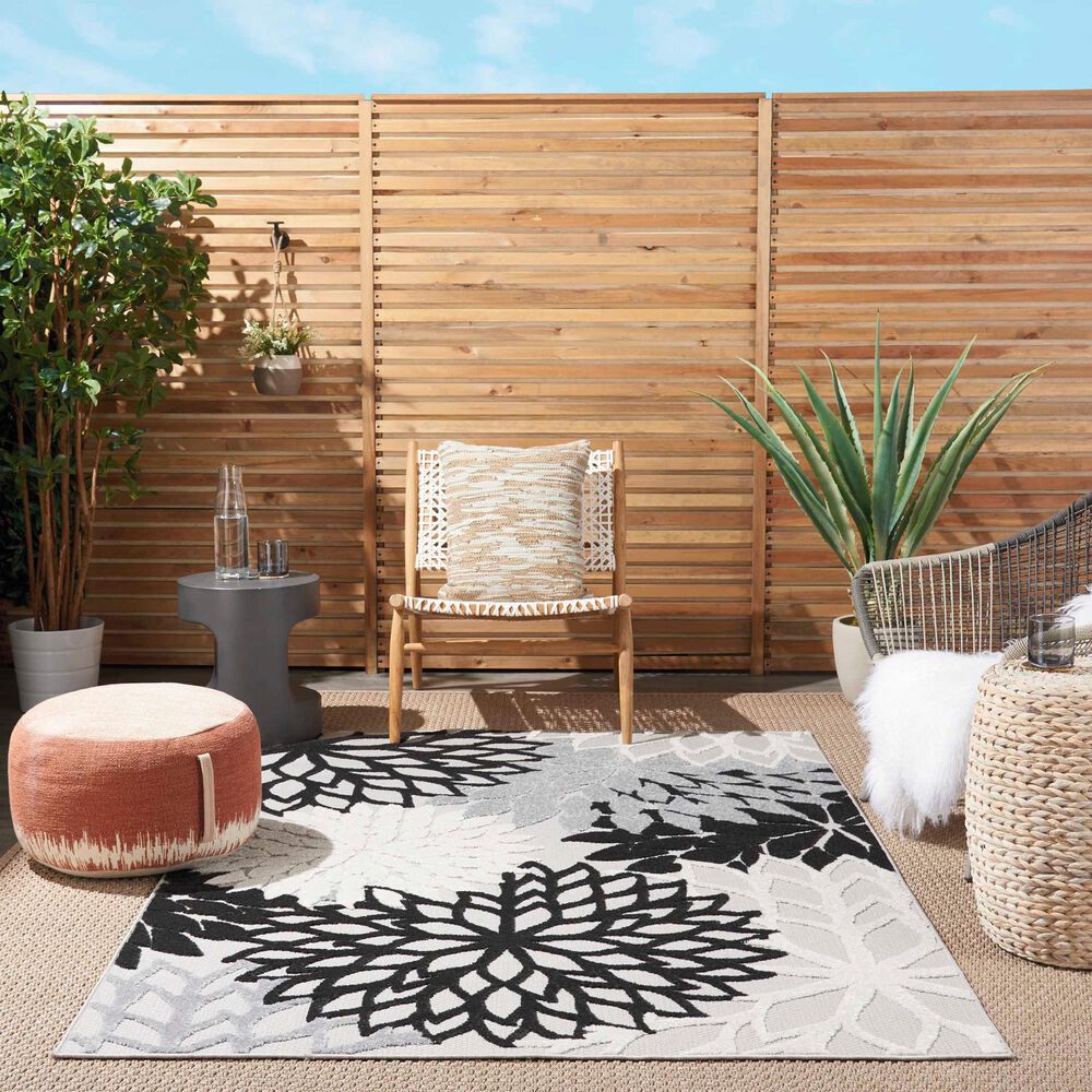 Nourison Aloha Floral 5&#39;3&quot; x 7&#39;5&quot; Black and White Indoor/Outdoor Area Rug, , large