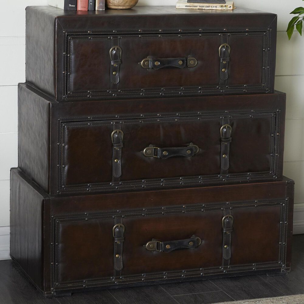 Maple and Jade 3-Drawer Vintage Faux Leather Room Chest with Buckles and Straps Details in Brown, , large