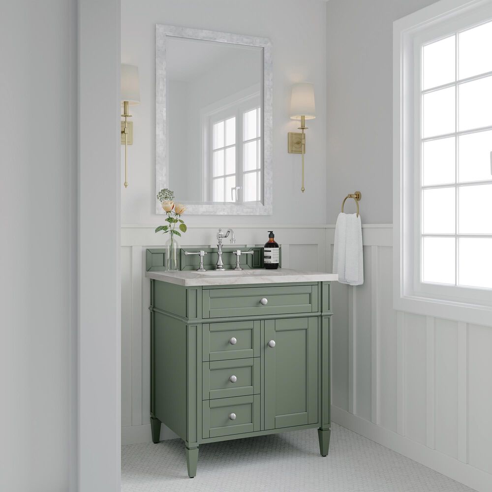 James Martin Vanities Brittany 30" Single Bathroom Vanity in Smokey Celadon with 3 cm Victorian Silver Quartz Top and Rectangular Sink, , large