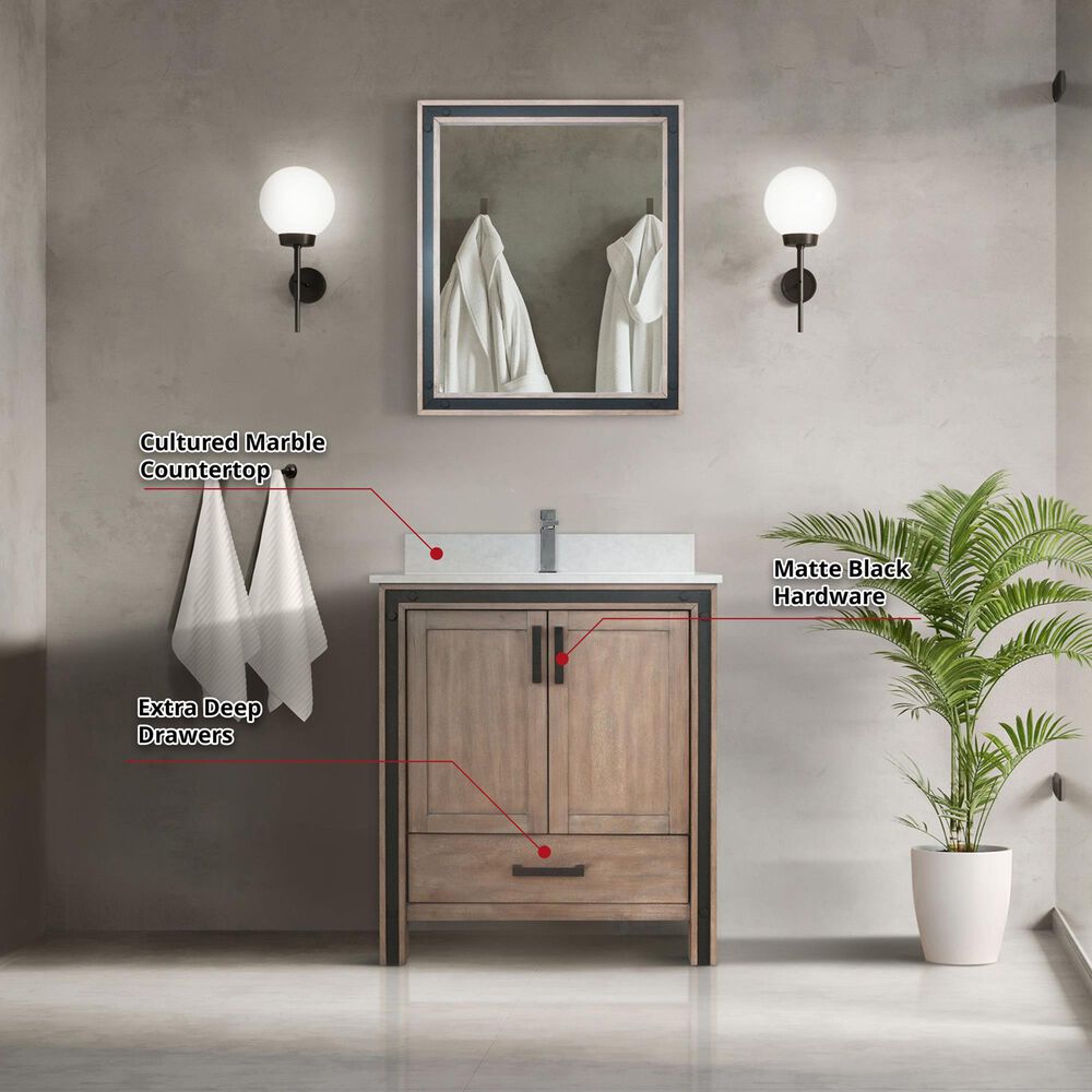 Lexora Home Ziva 30&quot; Single Bathroom Vanity in Rustic Barnwood with 2 cm White Cultured Marble Top and Rectangular Sink, , large