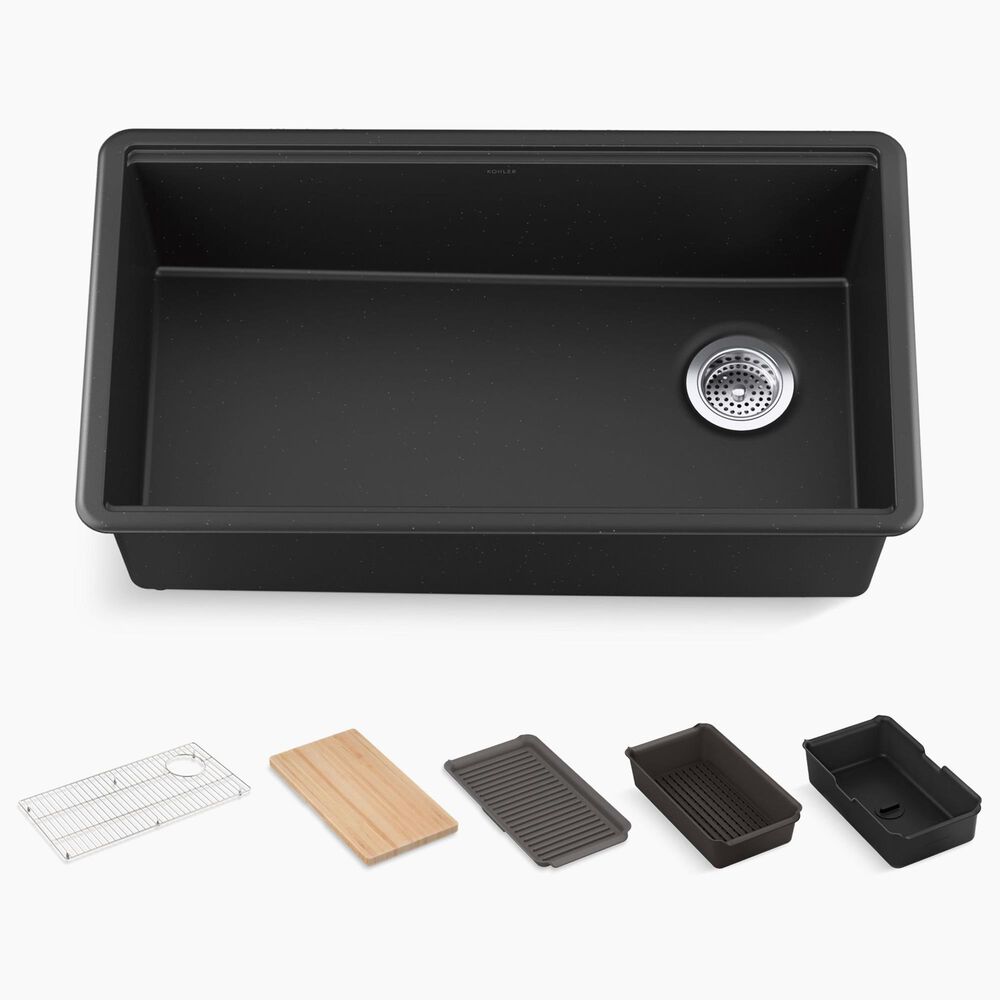 Kohler Billings 32.5&quot; Undermount Single Bowl Workstation Kitchen Sink in Matte Black, , large