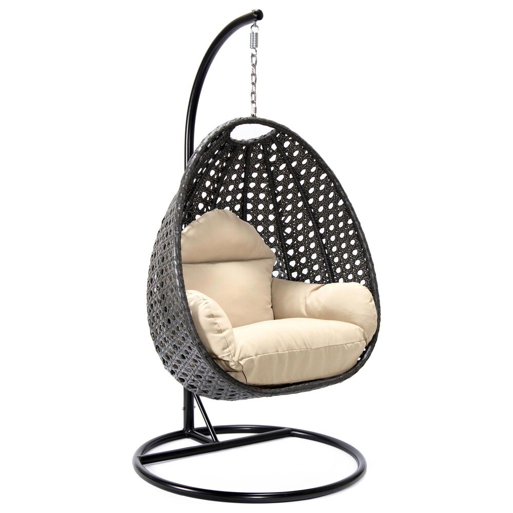 Leisuremod 41" Patio Hanging Egg Swing Chair with Taupe Cushion in Charcoal, , large