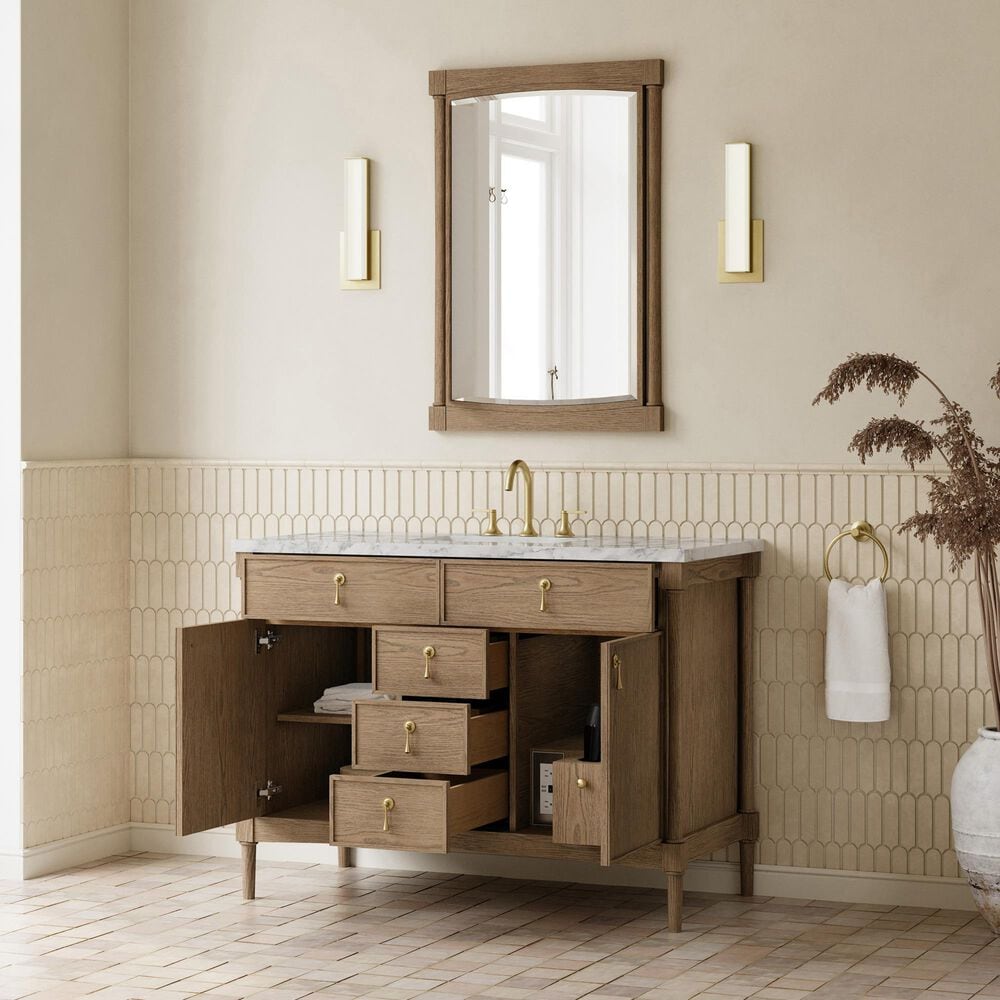 James Martin Kinnsden 48" Single Bathroom Vanity in Weathered Oak with 3 cm Carrara Marble Top and Rectangular Sink, , large