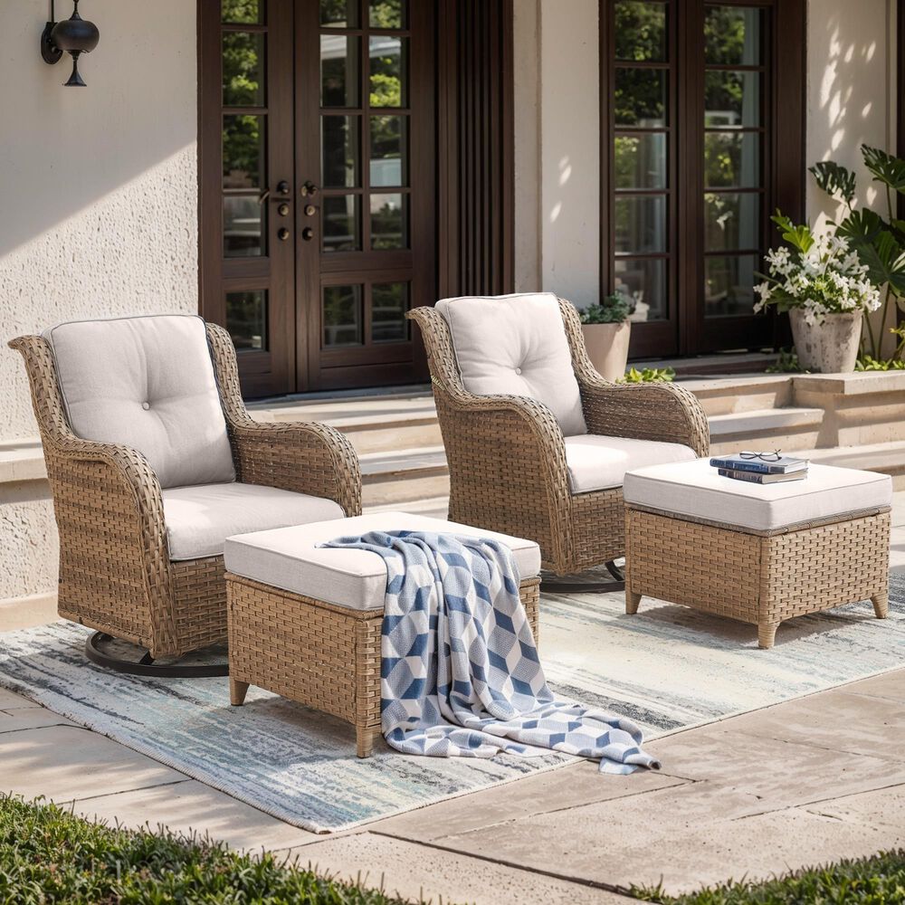Sunwell Garden Outdoor Ottoman with Yellow Rattan in Beige (Set of 2), , large