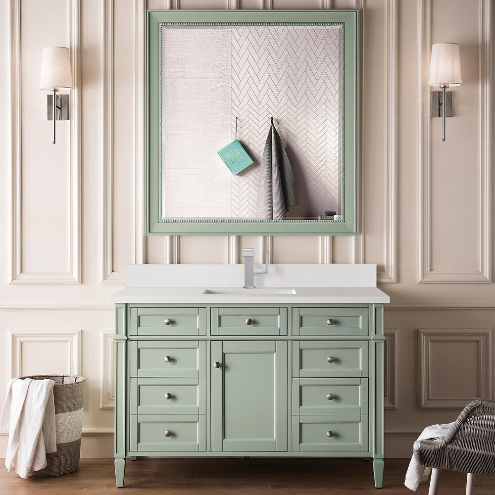 James Martin Vanities Brittany 48&quot; Single Bathroom Vanity in Sage Green with Single Hole 3 cm White Zeus Quartz Top and Rectangular Sink, , large