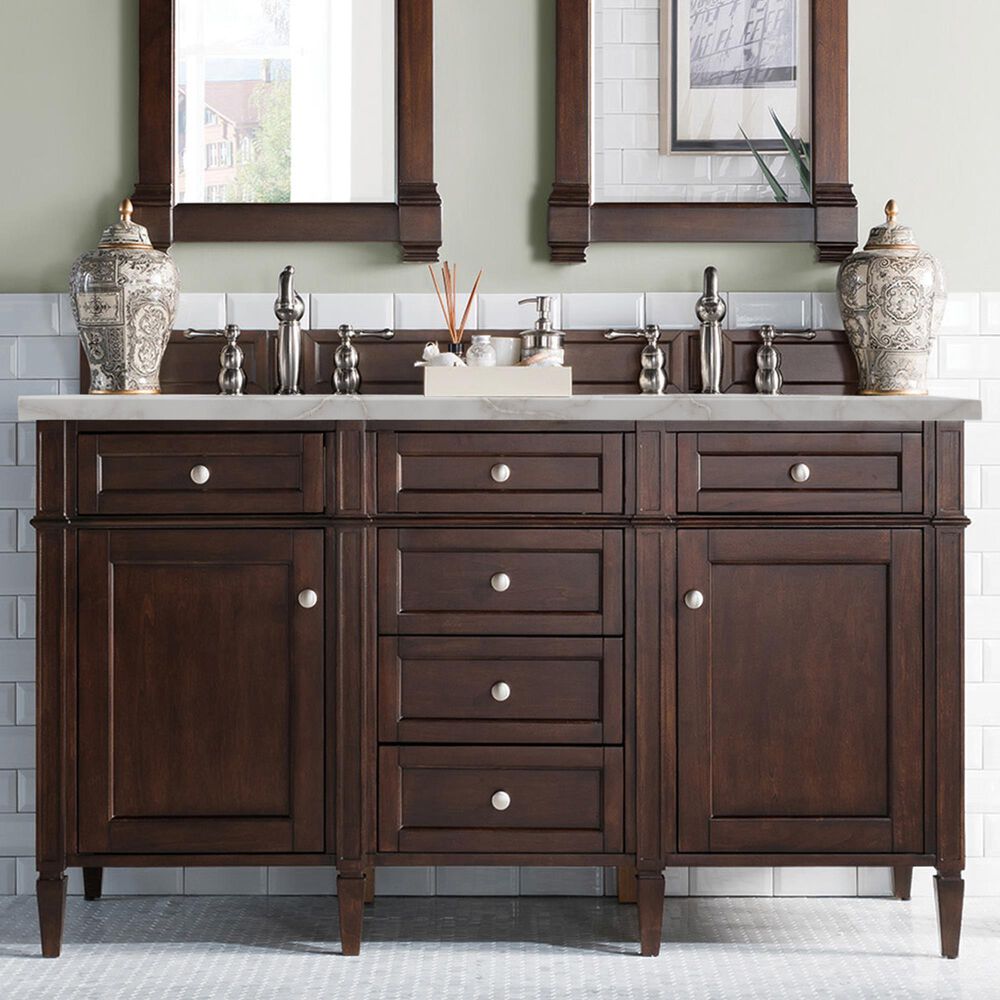 James Martin Vanities Brittany 60&quot; Double Bathroom Vanity in Burnished Mahogany with 3 cm Victorian Silver Quartz Top and Rectangular Sinks, , large