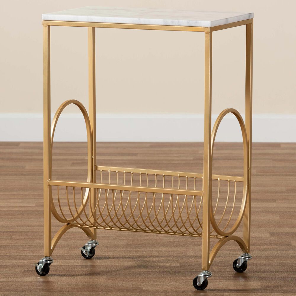 Baxton Studio Jacek Wine Cart in Gold and White Marble, , large