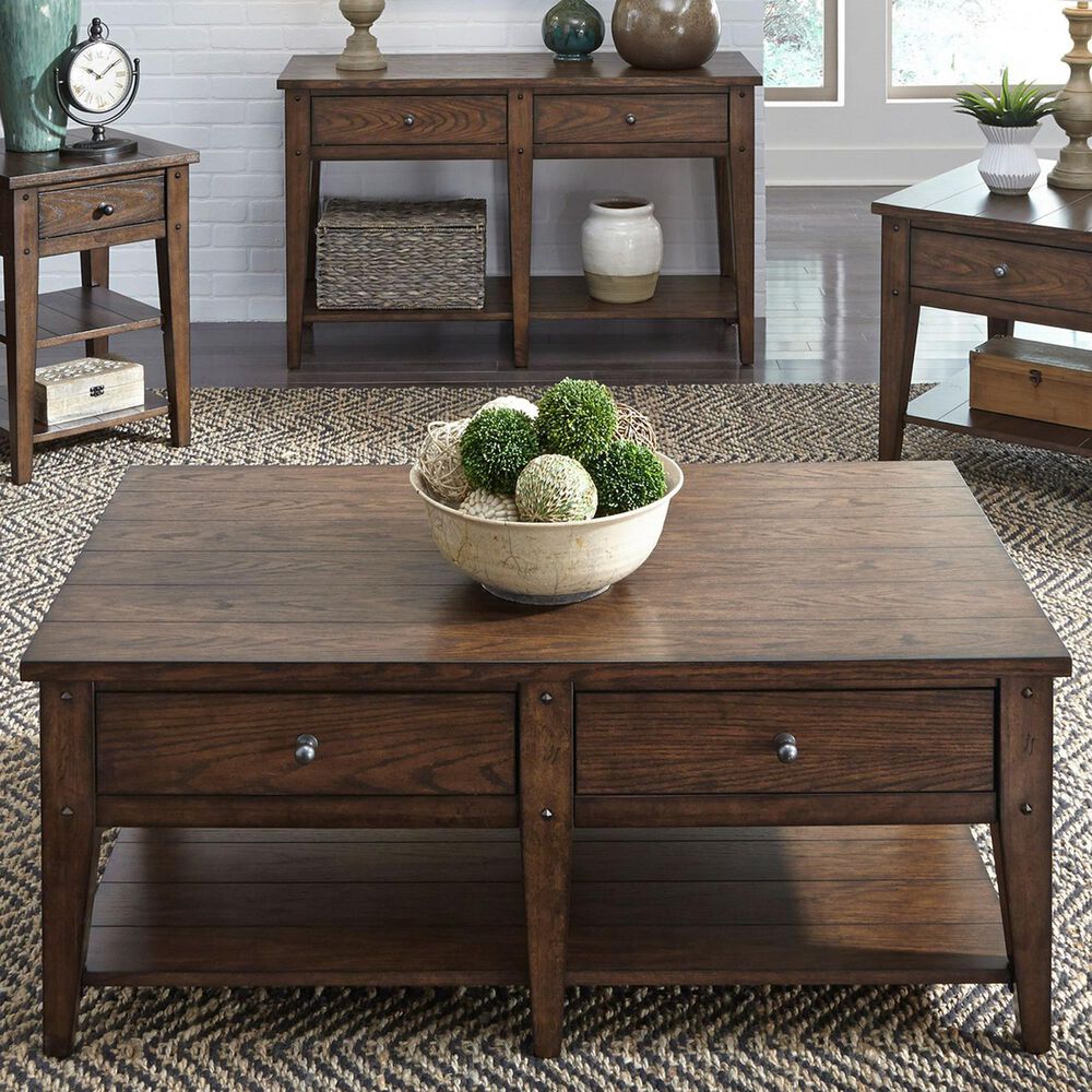 Belle Furnishings Lake House 2-Drawer Cocktail Table in Rustic Brown Oak, , large