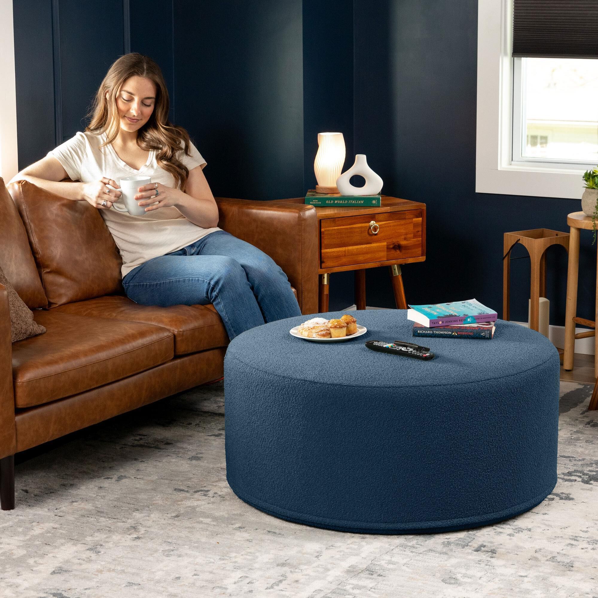 Jaxx Candler Boucle Fabric Ottoman in Navy