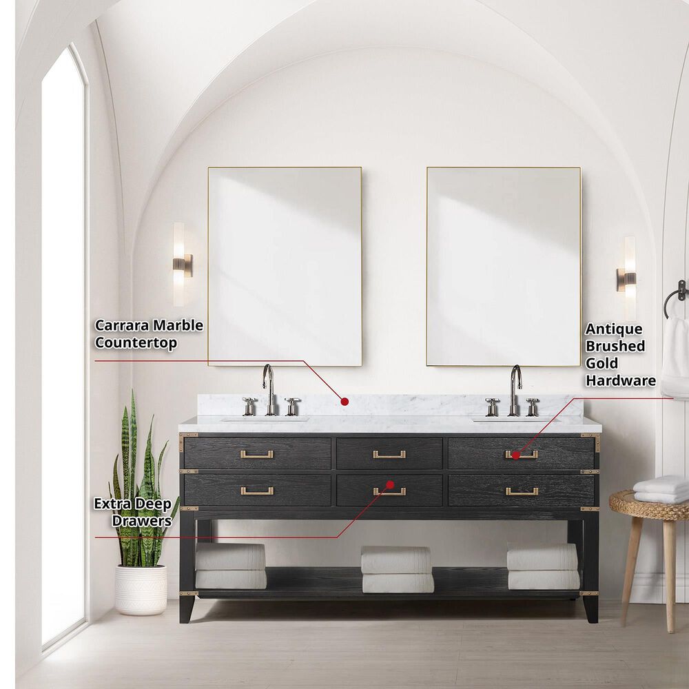 Lexora Home Norwalk 72&quot; Double Bathroom Vanity in Black Oak with White Carrara Marble Top and Rectangular Sinks, , large
