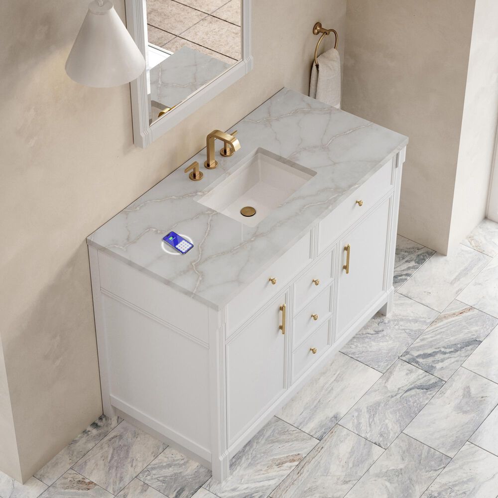 James Martin Bellshire 48" Single Bathroom Vanity in Bright White with 3 cm Victorian Silver Silestone Top, Rectangular Sink and FreePower Wireless Charger, , large